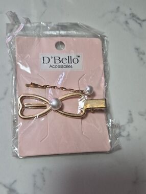 D'Bello Gold Bow Hair Clip Set with Pearl Accent